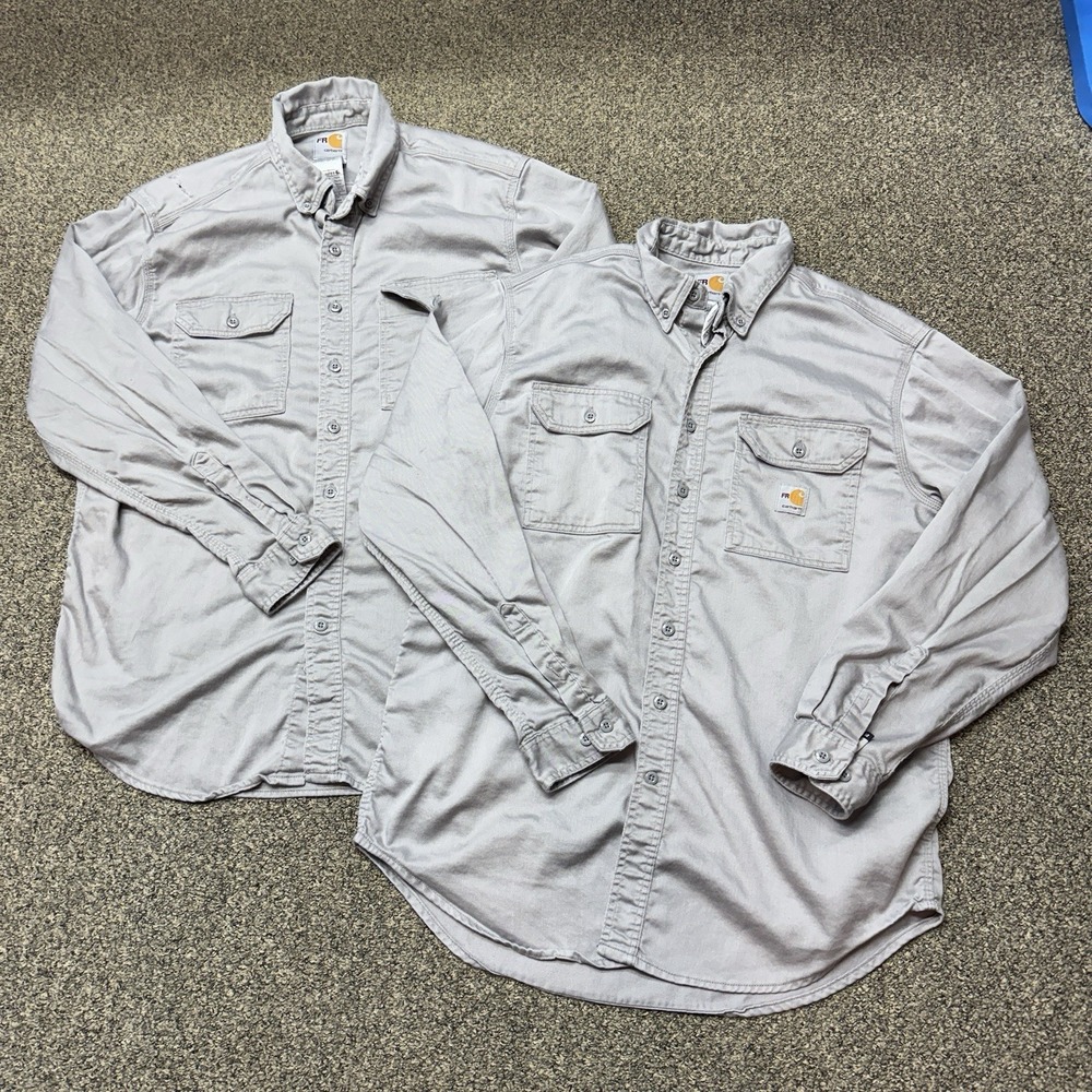 2 Carhartt FR Shirt Mens LG Gray Flame Resistant Long Sleeve Pocket Workwear Lot